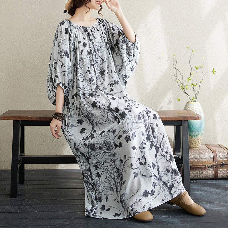 Spring Cotton Comfortable Plus Size Printed Lantern Sleeves Dress