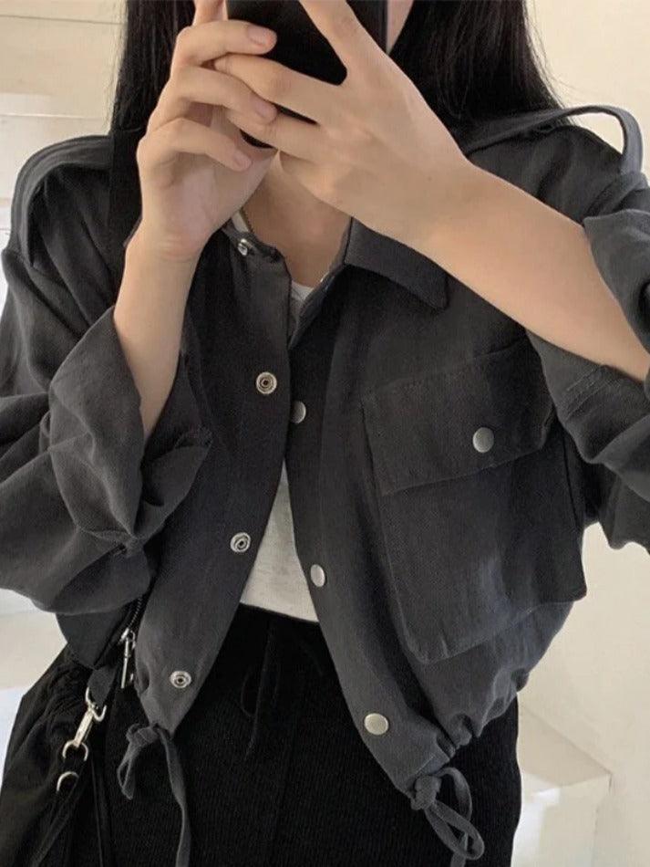 Maxct Lapel Neck Snap Button Drawstring Short Long Sleeve Blouse