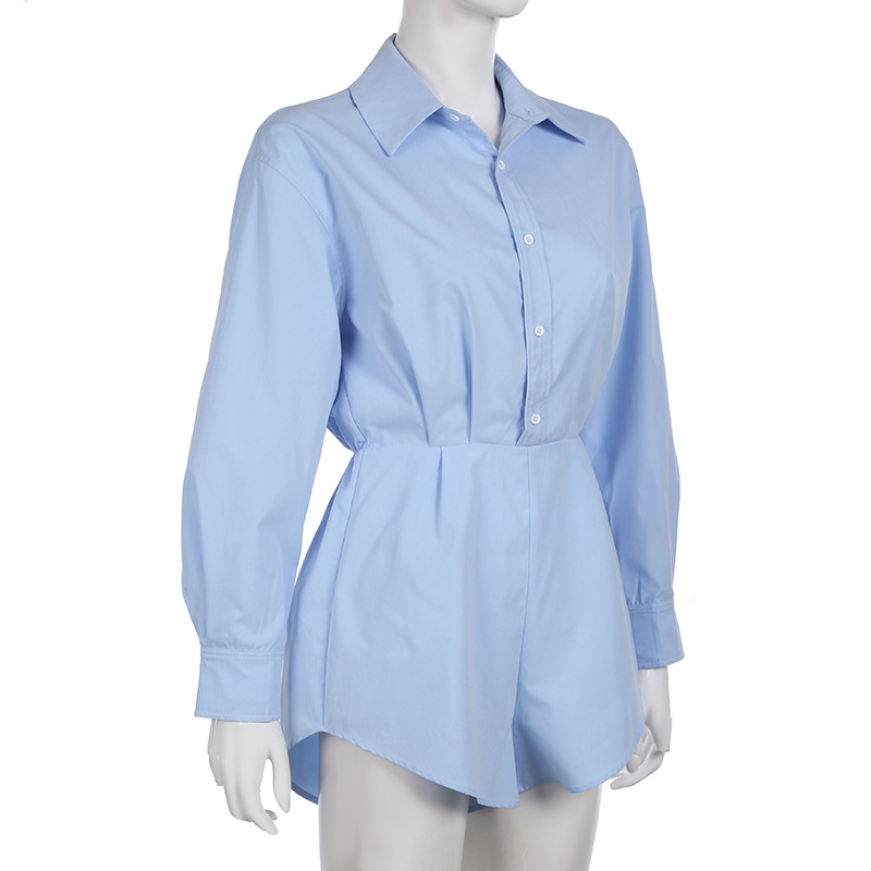 Autumn New Long Sleeves Shirt Playsuits For Women Loose Casual Patchwork High Waisted Pants Solid Rompers Female Outfits