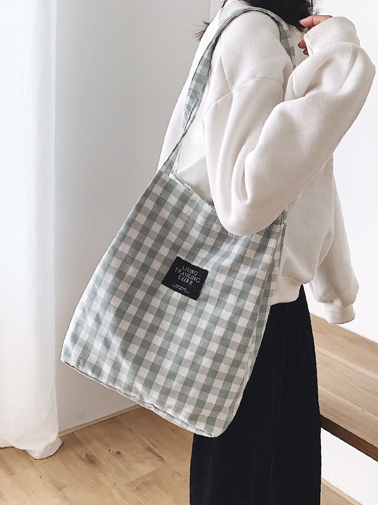 Maxct - Letter Patch Gingham Shopper Bag  - Women Tote Bags