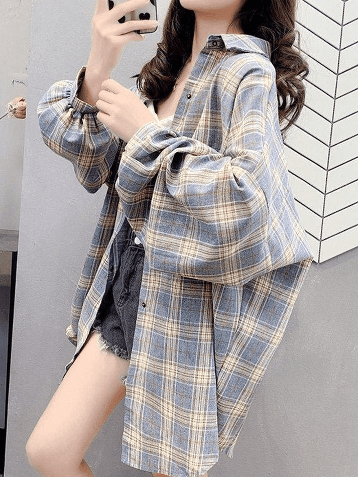 Maxct Checkered Baggy Long Sleeve Button Blouse