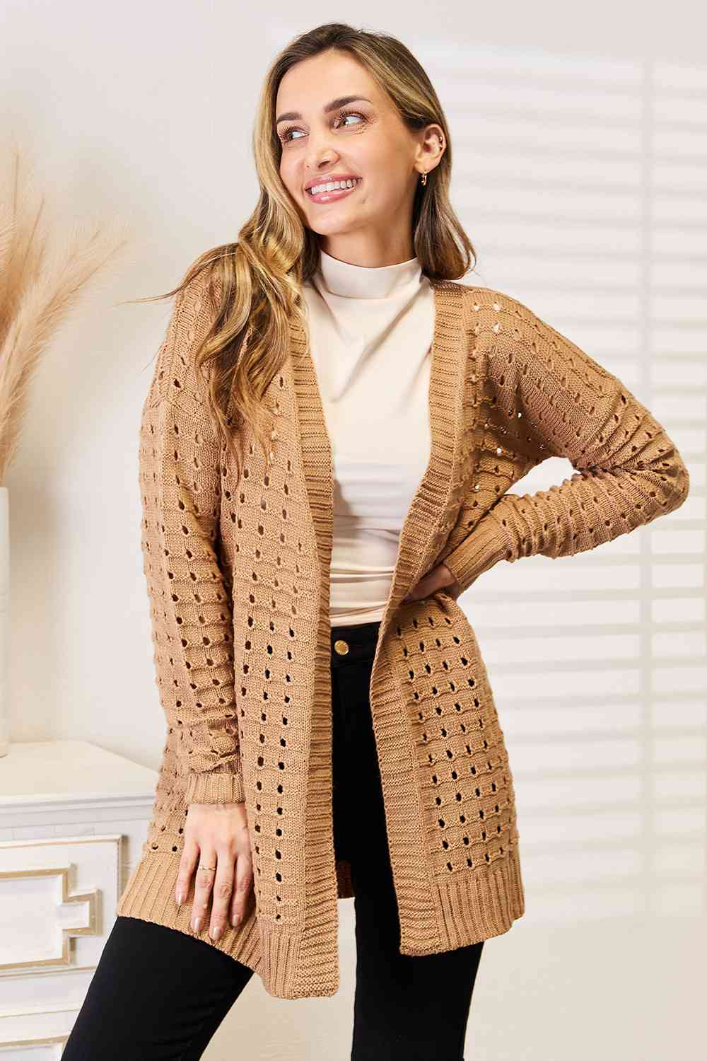 Maxct &Woven Right Openwork Horizontal Ribbing Open Front Cardigan