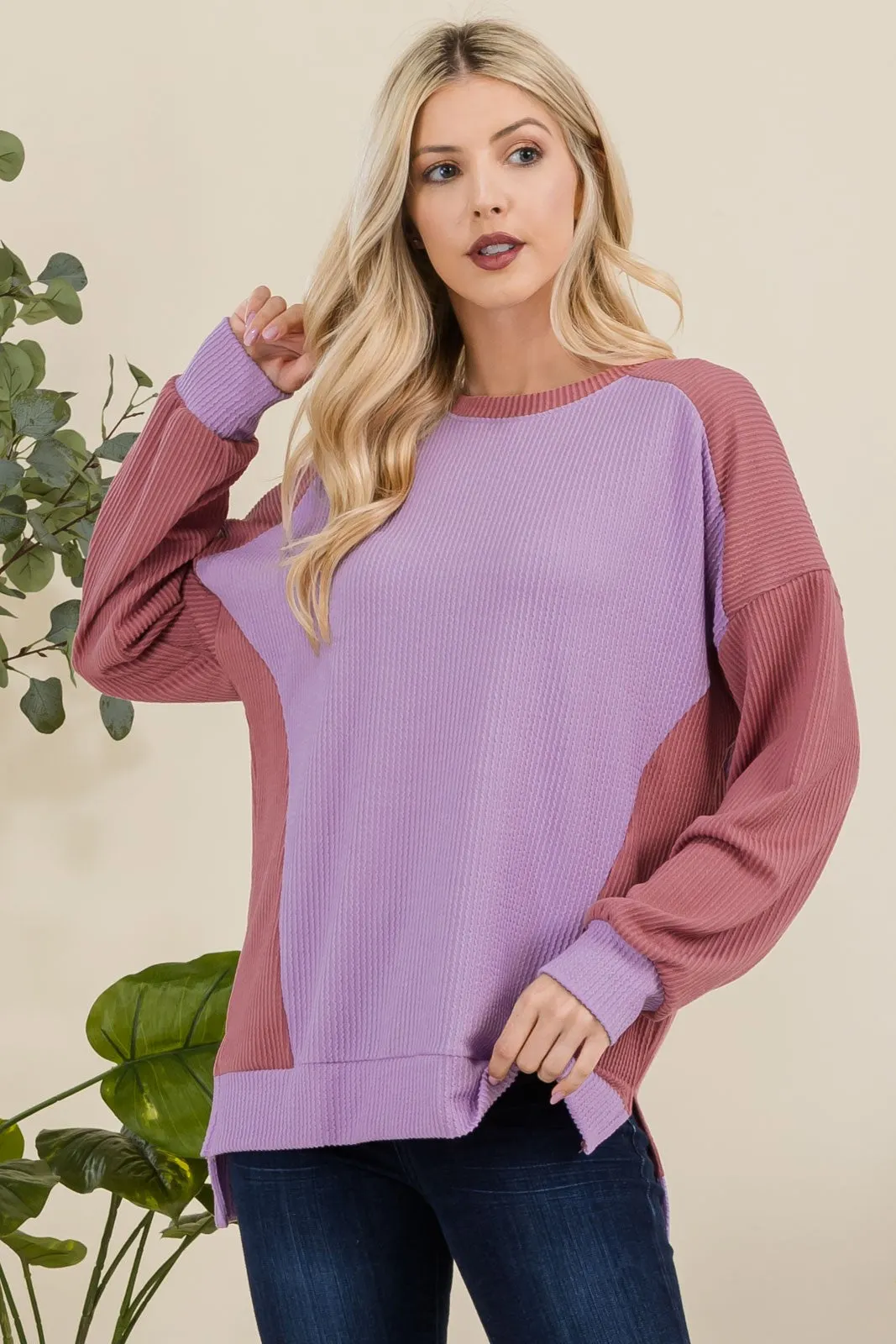 Maxct &Celeste Full Size High-Low Contrast Round Neck Sweatshirt