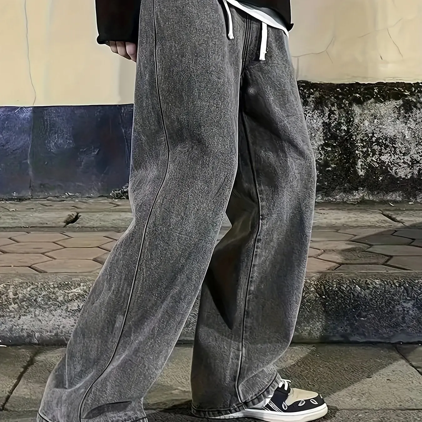 Maxct Wide Leg Cotton Jeans, Men's Casual Street Style Loose Fit Denim Pants For Spring Summer