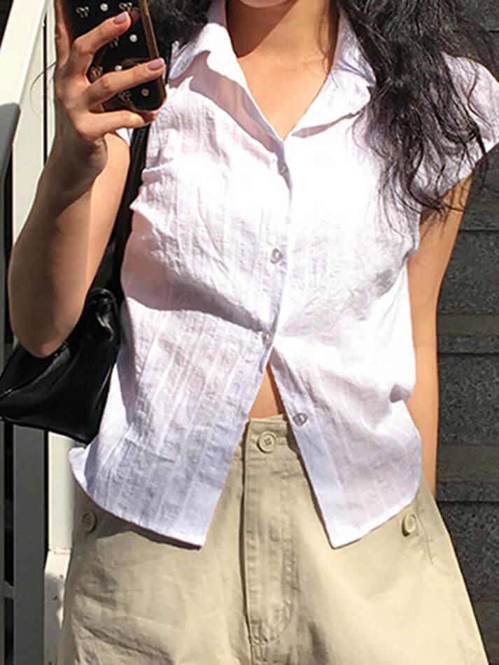 Maxct Solid Color Ribbed Bubble Sleeve Shirts