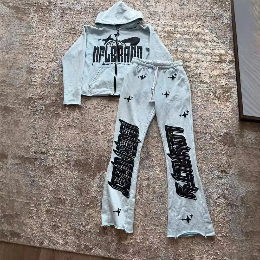 Maxct y2k long sleeved pullover hoodie pant set sweatshirt jacket personalized printed pattern streetwear school outfit hip-hop punk