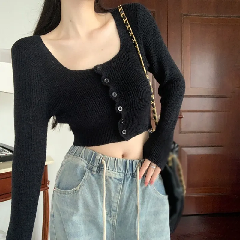 Maxct Long Sleeve Square Neck Solid Color Short Top Knitted Air Conditioning Shirt Women's Sweater