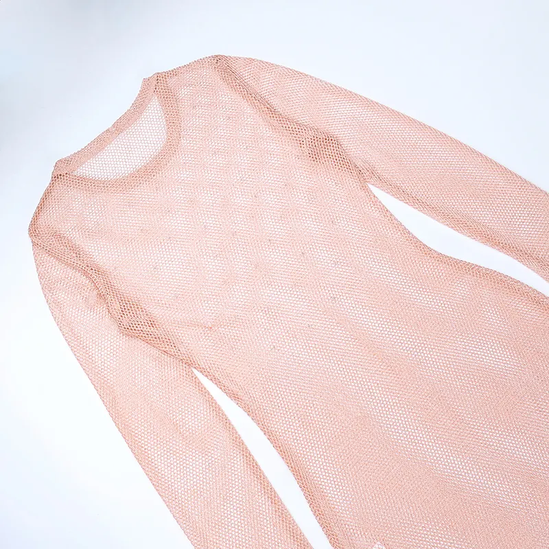 Sexy See Through Sheer Mesh Dress Elegant Solid Color Diamonds Slit Long Sleeves Dresses Party Club Lady Long Vestidos