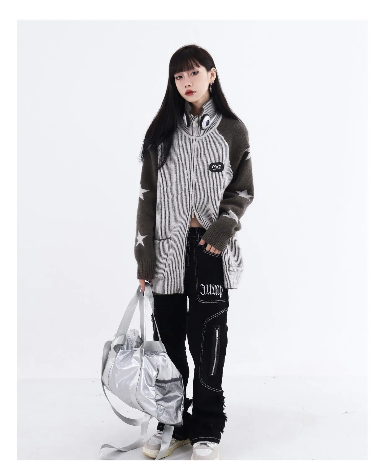 Maxct Knit Star Print Loose High Neck Cardigan