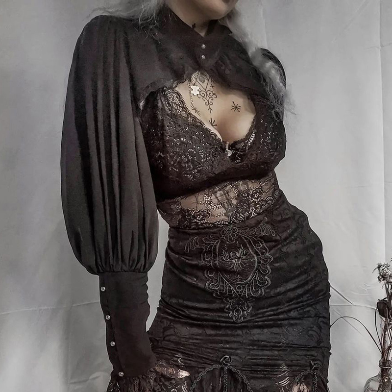 Women's Gothic Tops Short Blouse Women Featured Lace Wrap Design Dark Court Style High Neck Crop Top