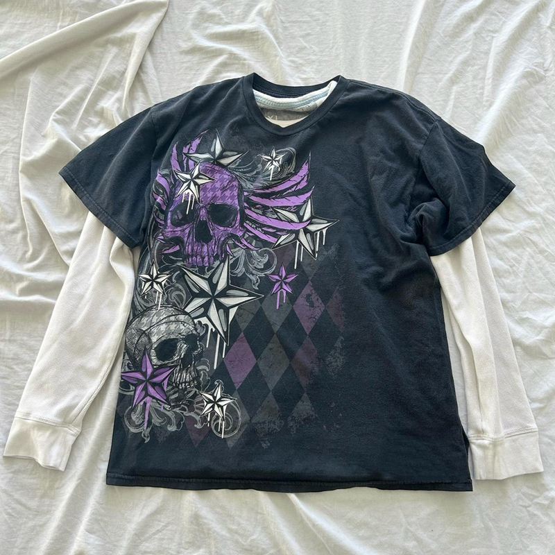 Japanese Edgy 00s Retro Gothic Emo T-shirt Cyber Y2K Grunge Mall Goth Top Patchwork Full Sleeve Baggy Pullovers Tees