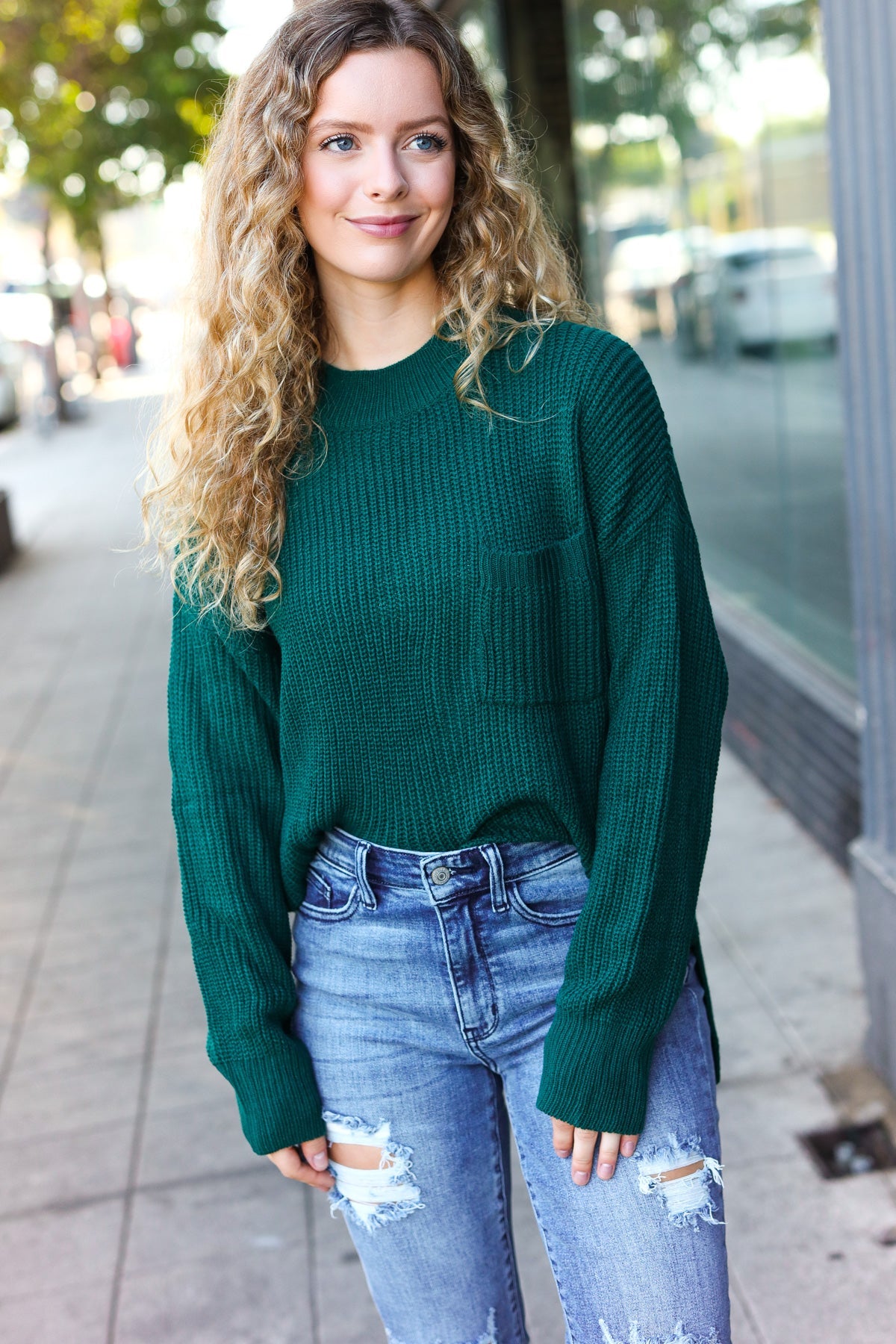 Maxct &Classy Chic Hunter Green Mock Neck Chest Pocket Knit Sweater