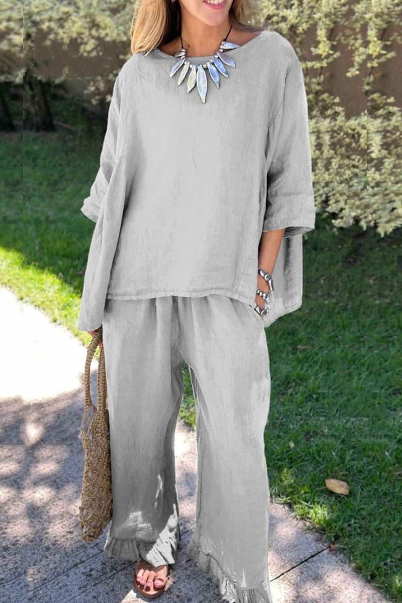 Maxct Half Sleeve Tops Fringe Hem Long Pants Set
