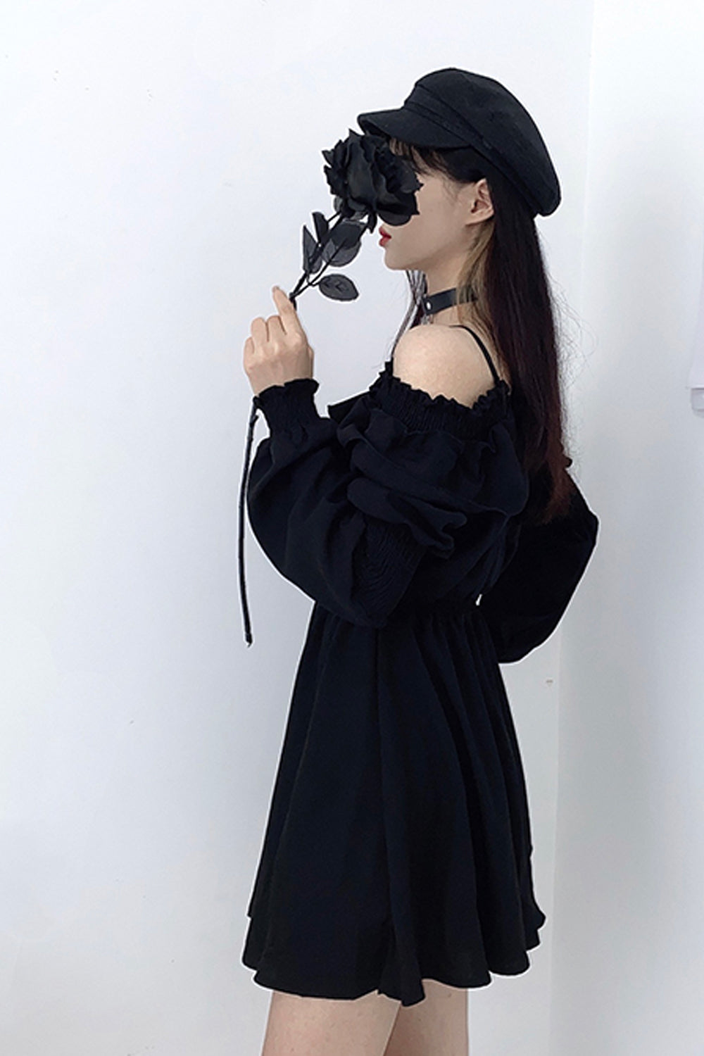 Long Sleeve Off Shoulder Gothic Black Dress Maxct