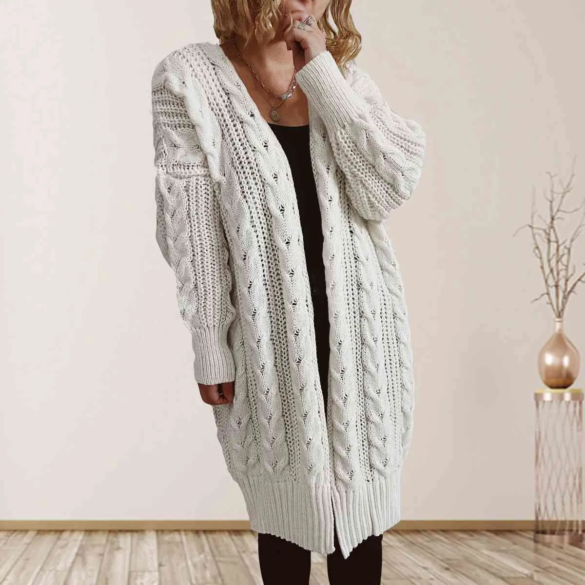 Maxct &Cable-Knit Open Front Dropped Shoulder Cardigan
