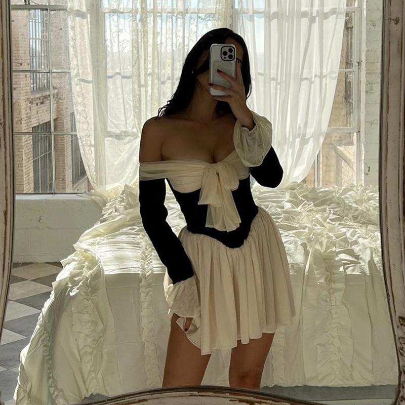 Maxct Women's 2024 Autumn New Sexy Off-shoulder French Court Style Elegant Waist Trumpet Sleeve Dress - Image 2