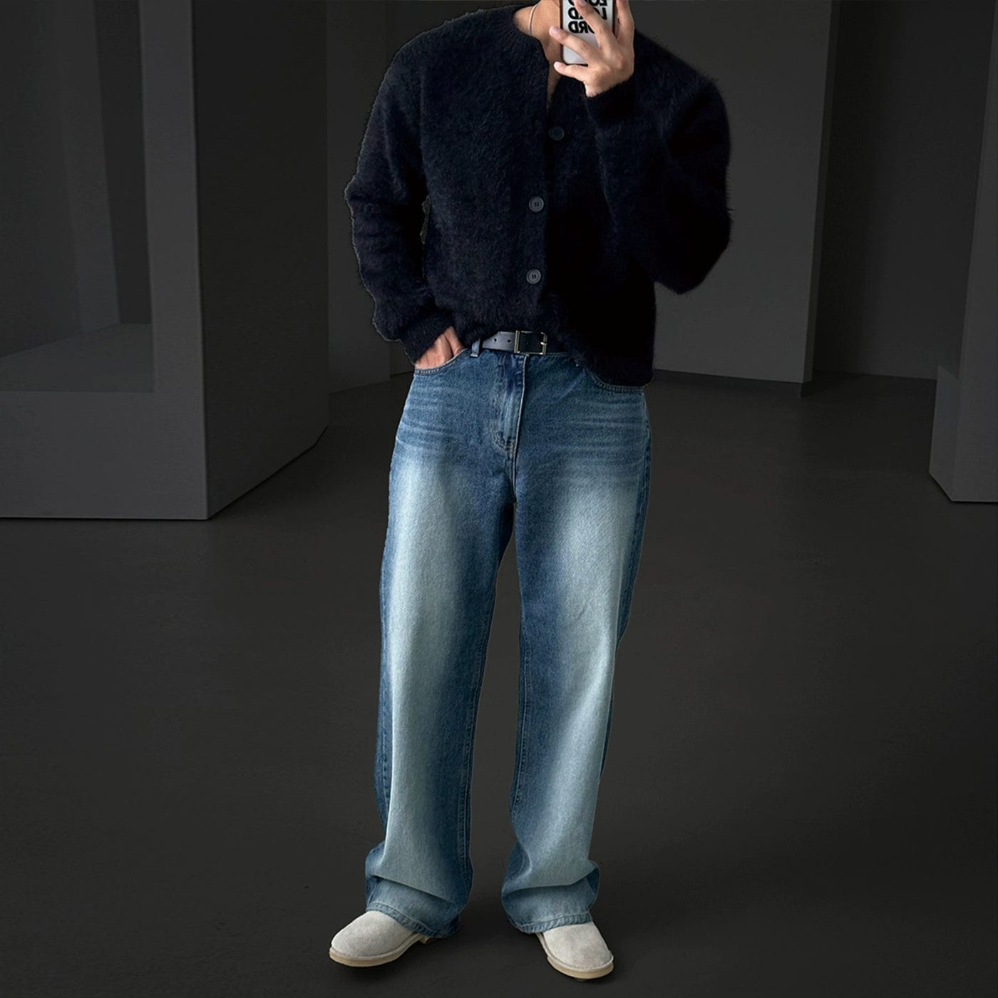 Unisex Brushed-Mohair Round-Neck Cardigan