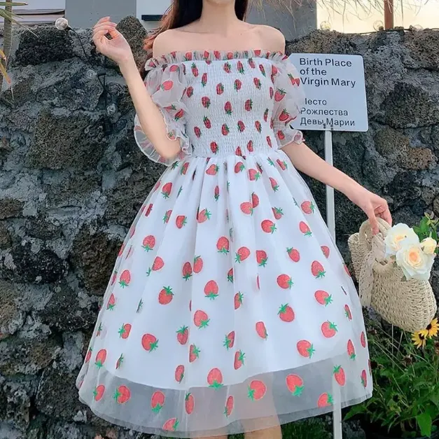 Strawberry Printed Elegant Chiffon Transparent Dress Maxct