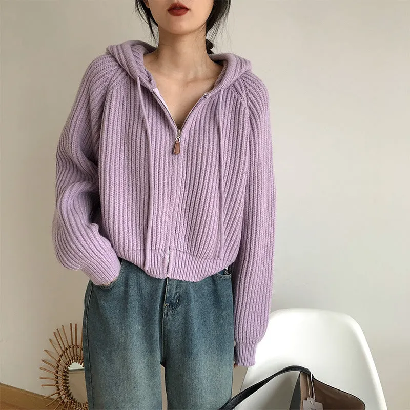 Maxct Vintage Zip Up Knitted Hooded Cardigan