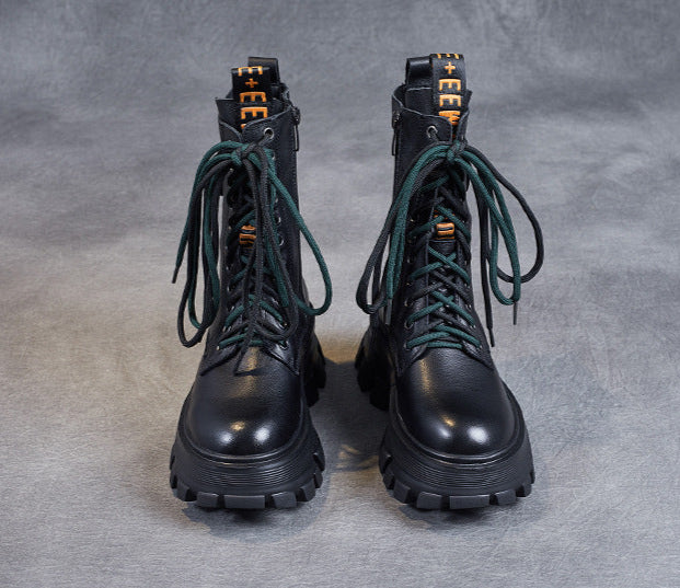 Retro Classic Chunky Heel Leather Mid-Calf Boots for women