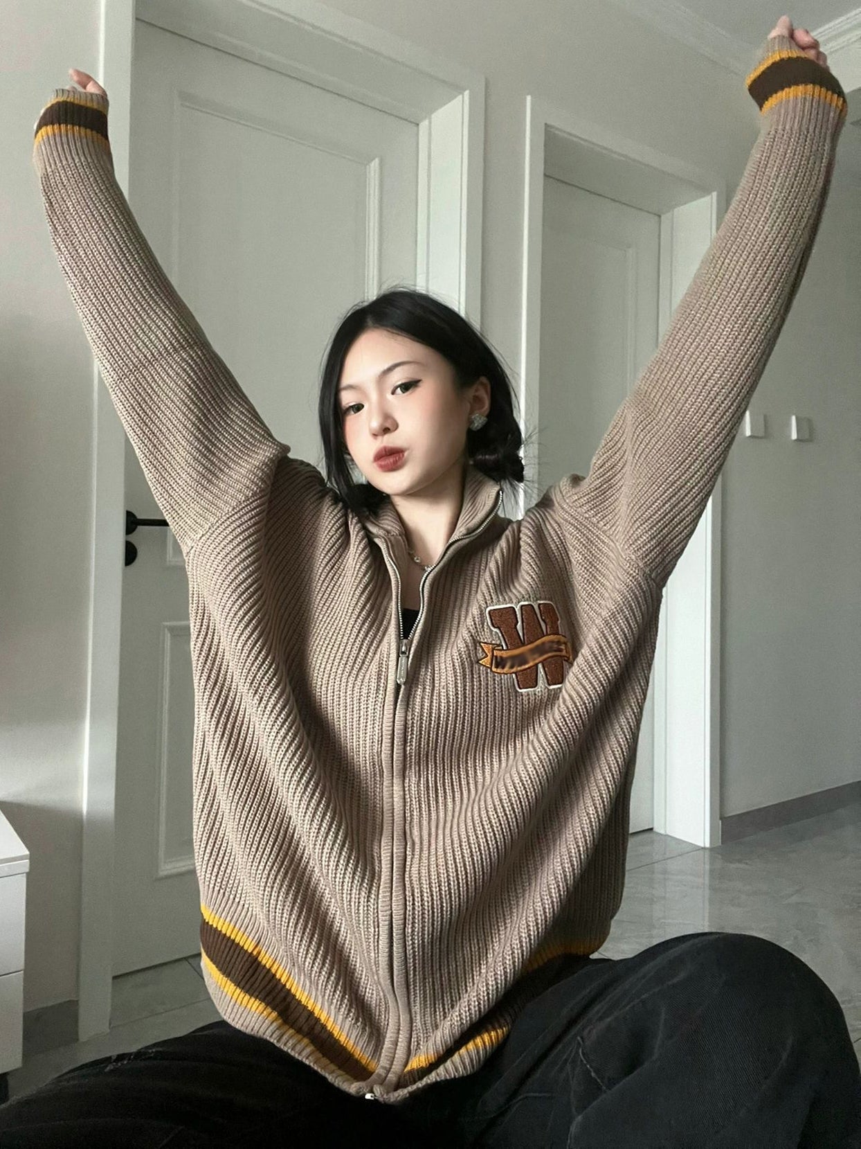 Maxct Logo Embroidery Zip Up Knit Cardigan