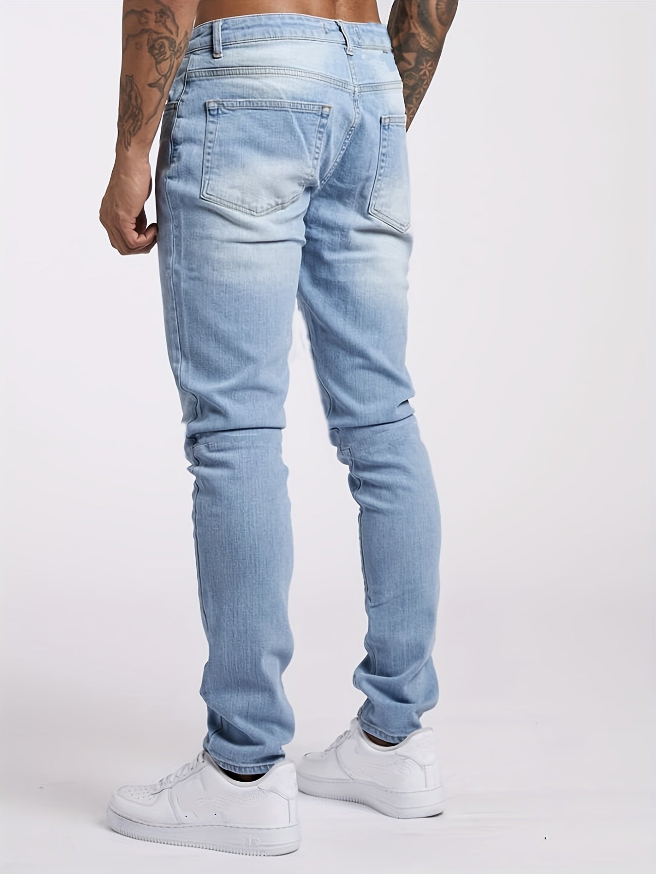 Maxct  Slim Fit Ripped Jeans, Men's Casual Street Style Distressed Mid Stretch Denim Pants For Spring Summer