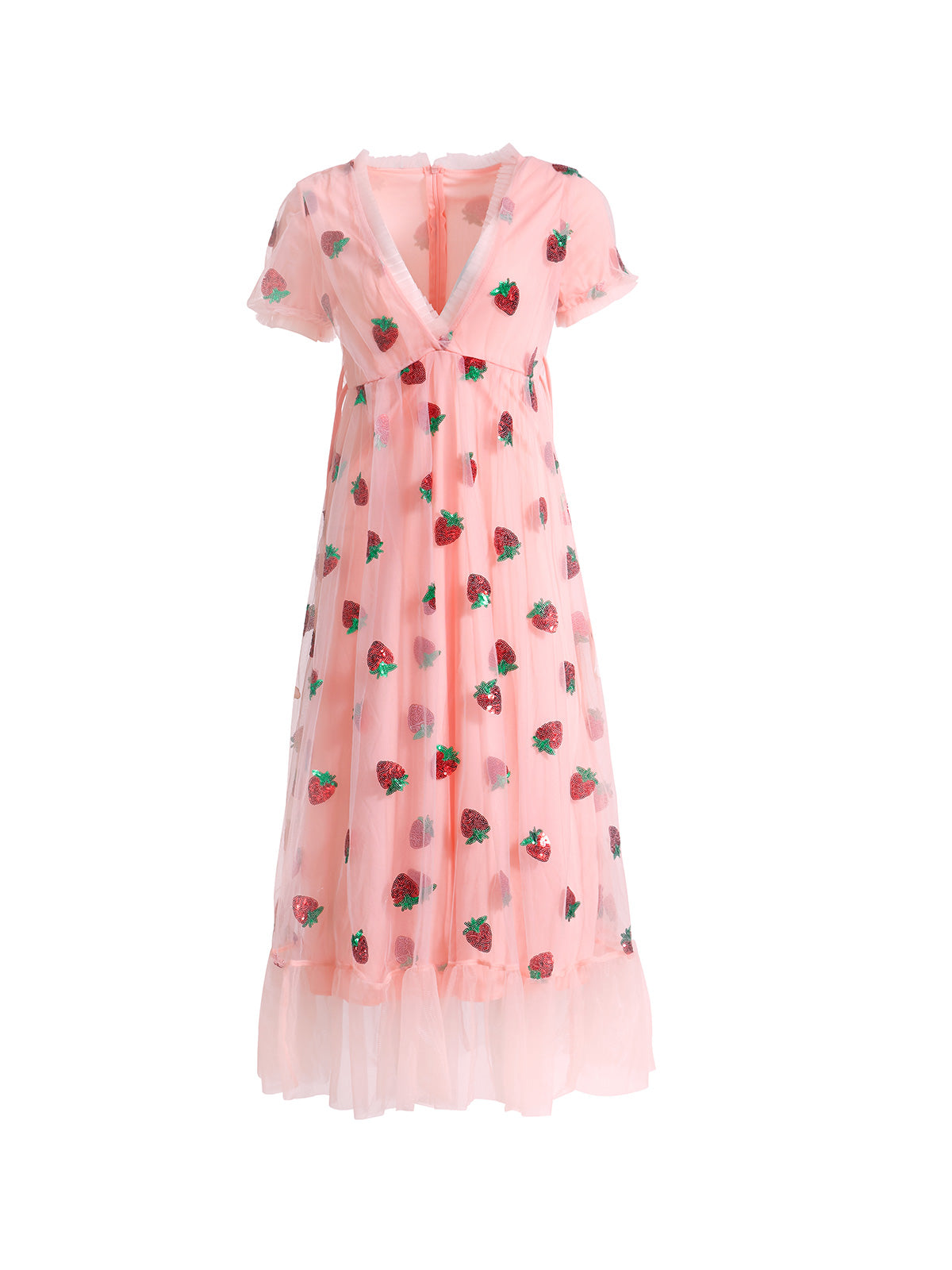 Sequined Strawberry Mesh Pleated Maxi Dress Maxct