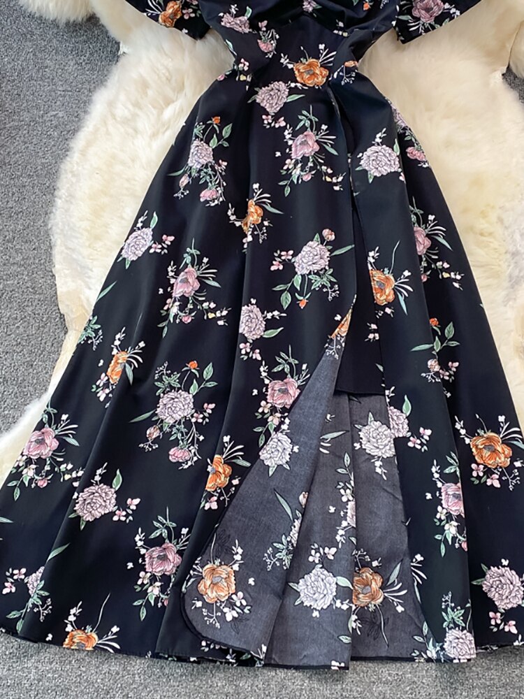 Vintage Women Printed Dresss Sexy Square Collar Short Puff Sleeve High Waist A-Line Vacation Beach Vestidos Female New