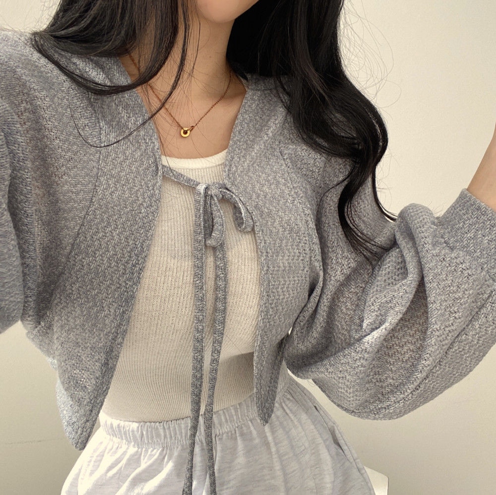 Thin White Cardigan Bandage Lantern Sleeve Short Coat Pull Femme Knitwear Top Girl Cardigan Korean Style Casual T Shirt