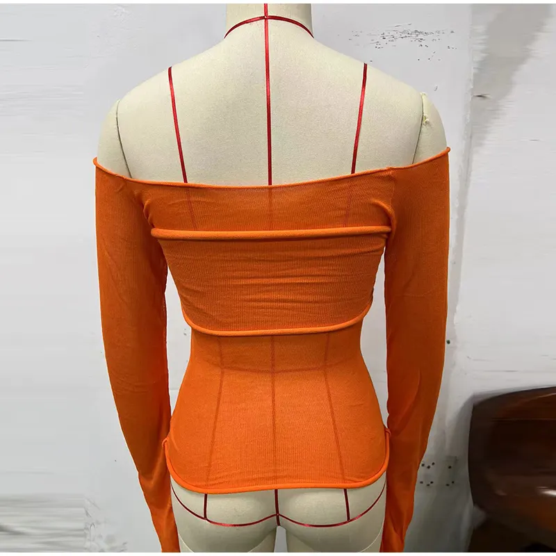 Sexy Transparent Off Shoulder Shirts Women Slim Fit Solid Perspective Thin T-Shirt Female Autumn Chic Elegant Daily Tops