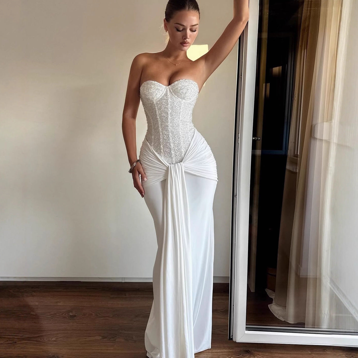 Ribbon Slim-fit Sequined Tube Top Midi Dress Maxct