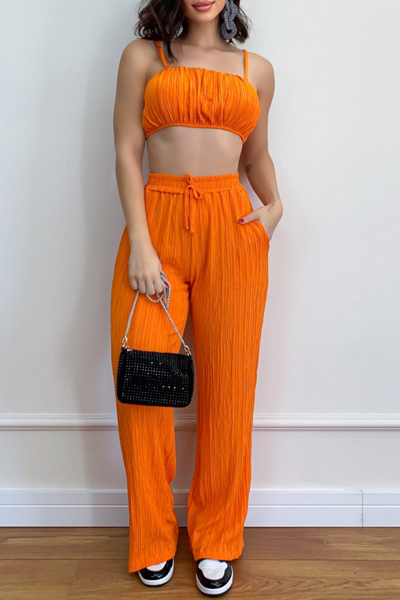 Maxct-Pleated Smocked Vest Drawstring Long Pants Suits