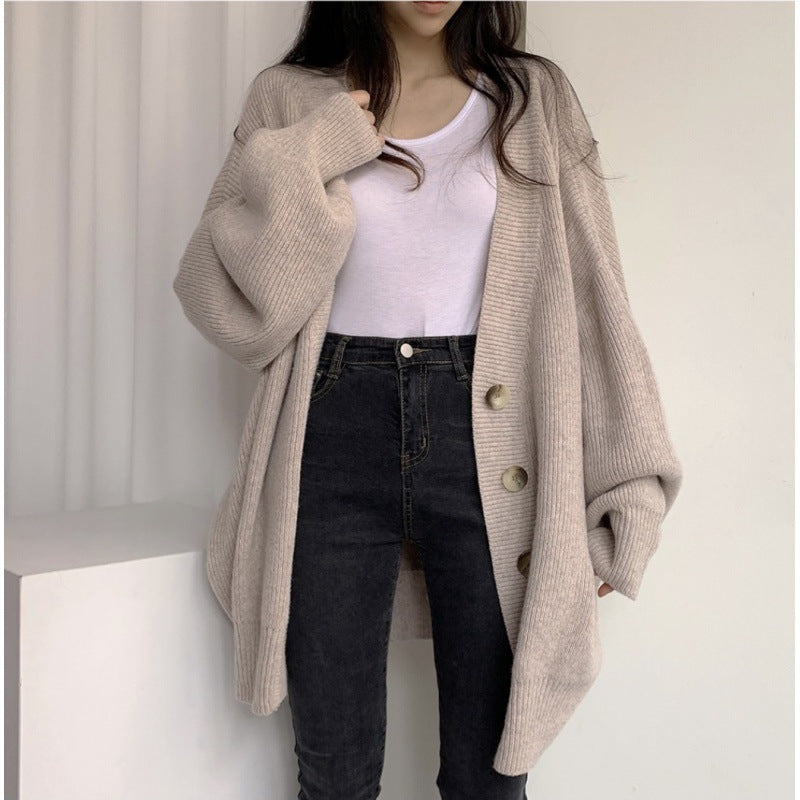 Maxct Preppy Solid Color V Neck Baggy Cardigan