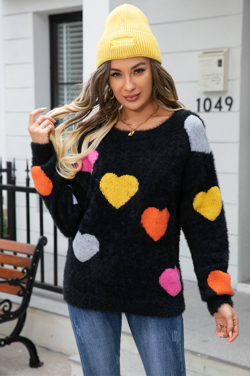 Maxct &Heart Pattern Round Neck Long Sleeve Sweater