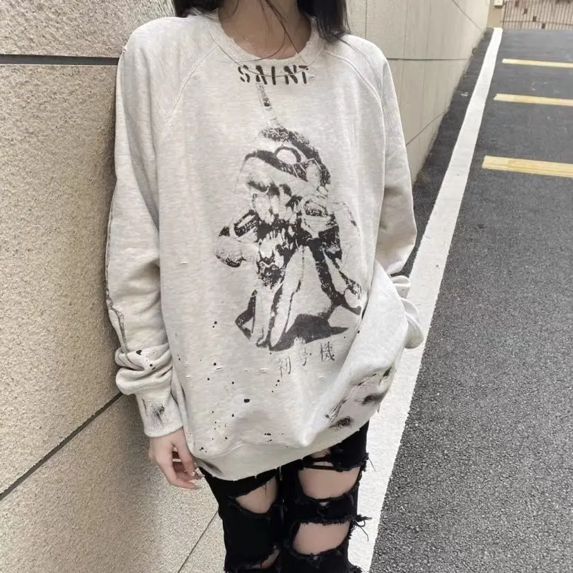 Maxct High street-inspired pigeon-print long-sleeved pullovers sweatshirts men women street tie-dye stripe panels versatile harajuku