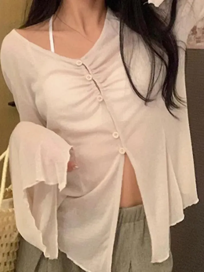 Maxct V Neck Split Flare Sleeve Long Sleeve Blouse
