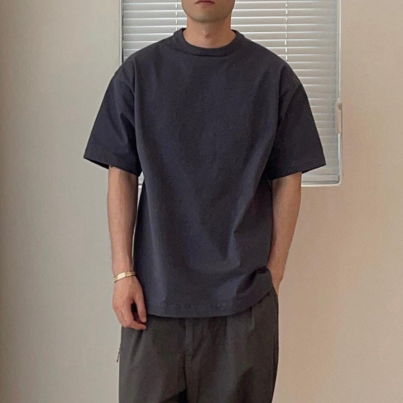 Maxct minimalist fashion men Japanese Style Heavy Cotton Men's round Neck Short Sleeve T-shirt Loose Red Rope Solid Color Bottoming Shirt Couple Half Sleeve Top