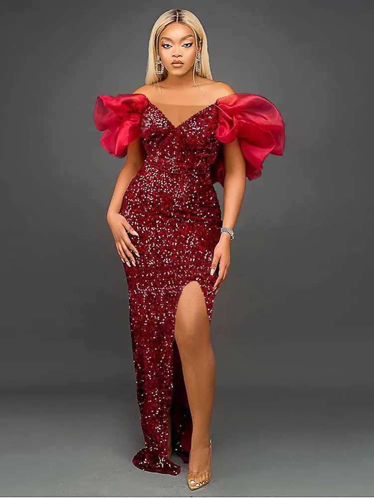 Maxct Ruffled V-neck Sequined Long Dress Ladies Banquet Evening Dress Dress Women's Party Dresses