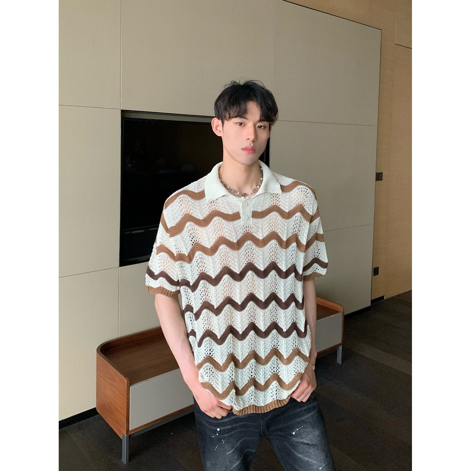 Maxct 90s Streetwear Korean Style Summer High-end Sense Hollow Color Stripe Lap Short-sleeved Niche Design POLO Shirt T-shirt Casual Top