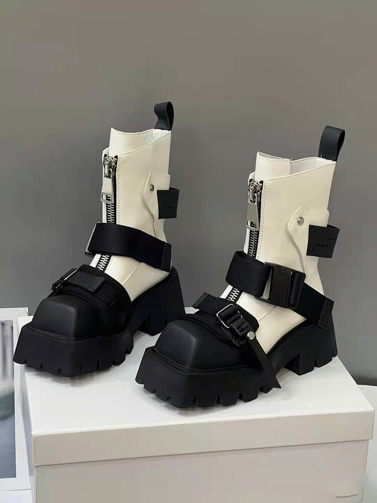 Belt Buckle Zipper Mid Calf Boots for Women Maxct