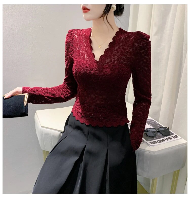 Maxct New V-neck Slim Fit Long Sleeve Lace T-shirt for Women V Neck Slim Cropped Tops T Shirts Female Stretch Tee