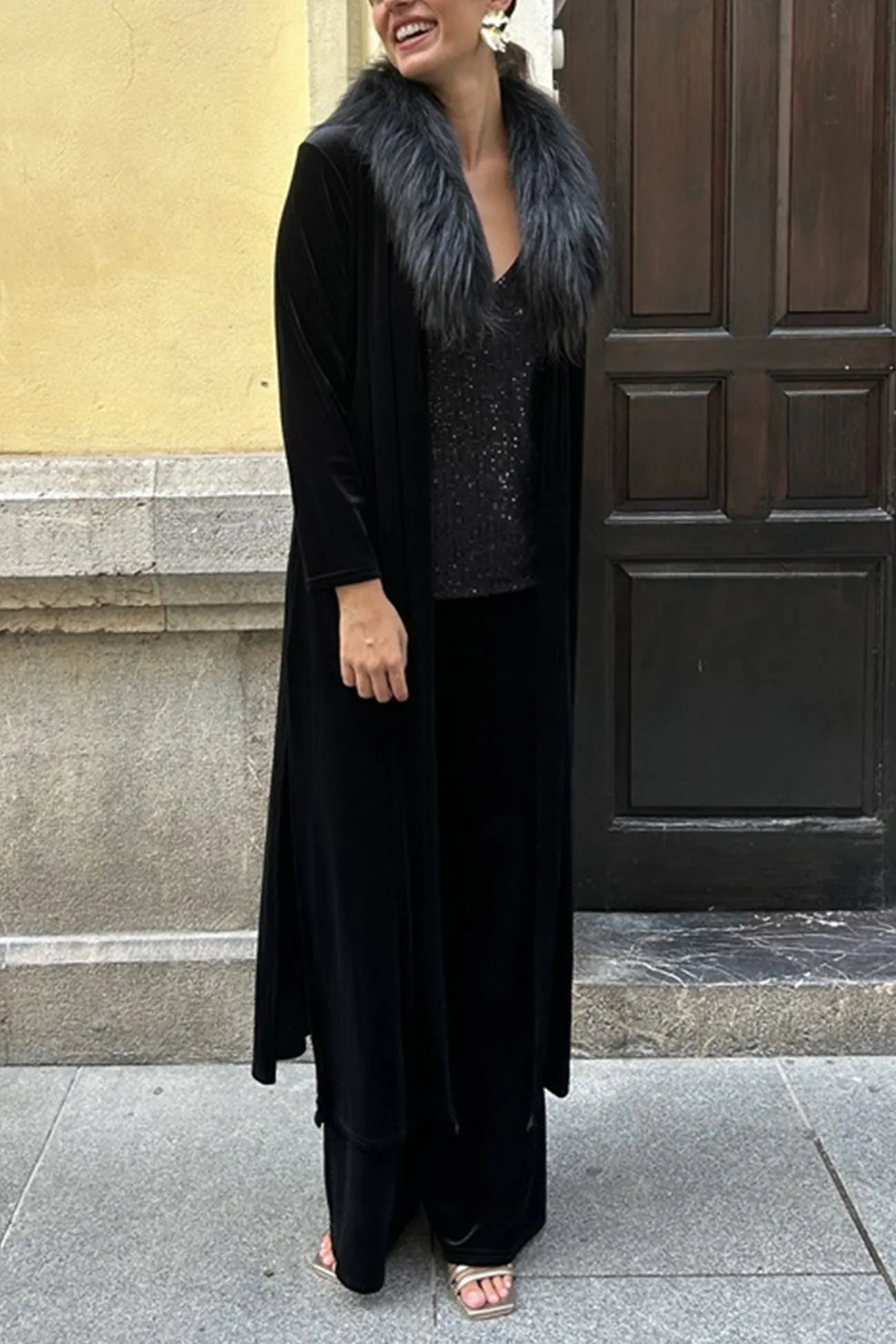 Maxct Velvet Slit Long Cardigan Two-piece Pants Suits