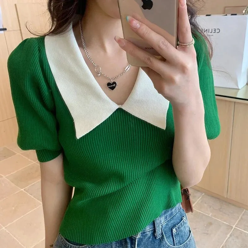 Maxct Vintage Knitted Pullover T Shirt Women Sweet Patchwork Puff Short Sleeve Tops Office Elegant Peter Pan Collar Slim Tees