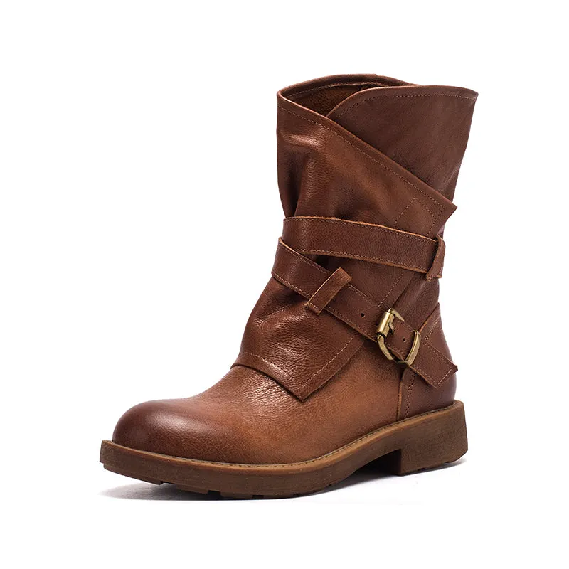 Womens Retro Mid Calf Boots for Winter Buckles Boots Coffee/Brown/Black Maxct