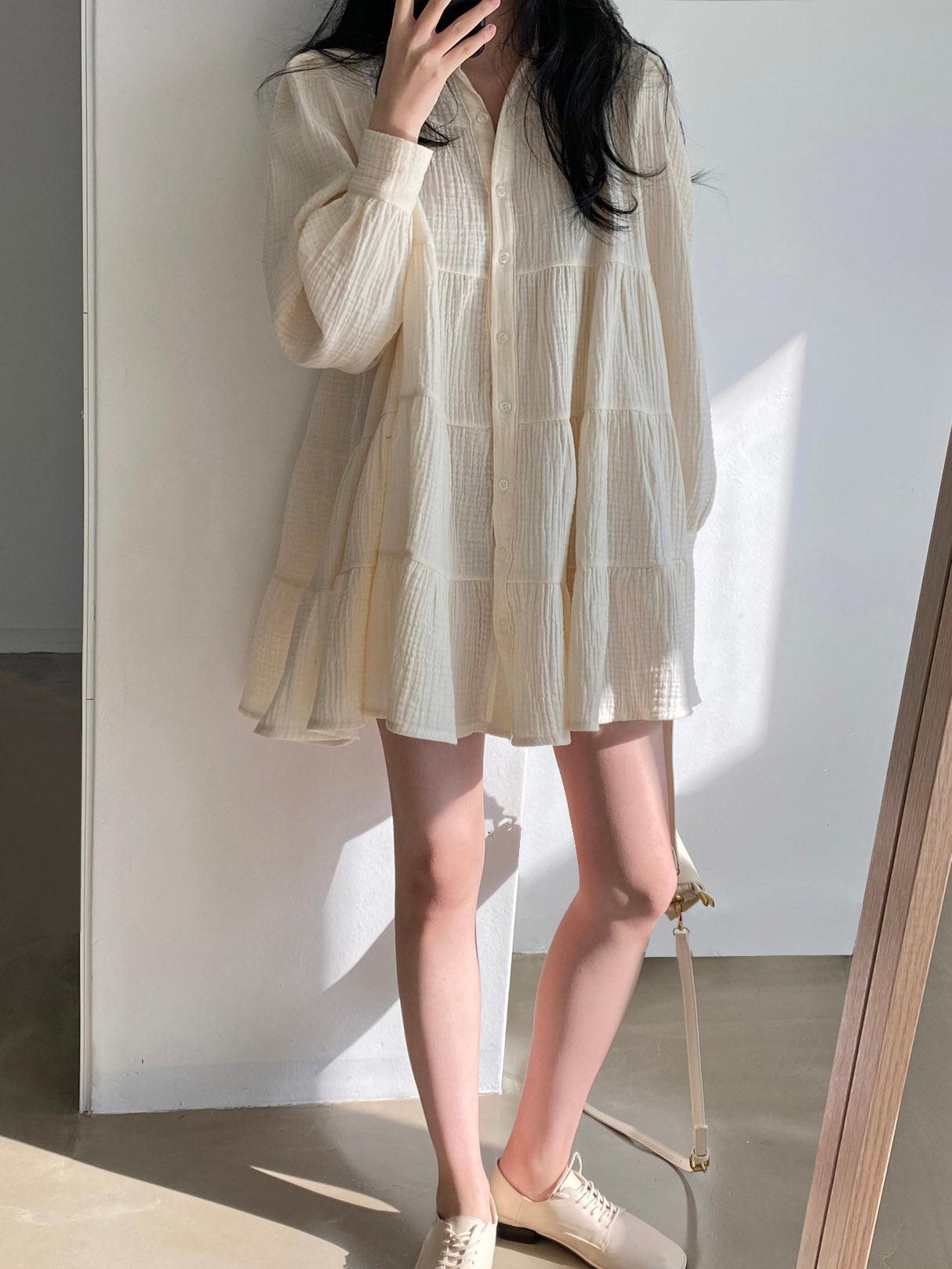 Maxct Lapel Pleated Loose Puff Sleeve Short Shirt Dress