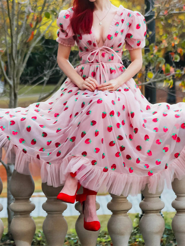 Sequined Strawberry Mesh Pleated Maxi Dress Maxct