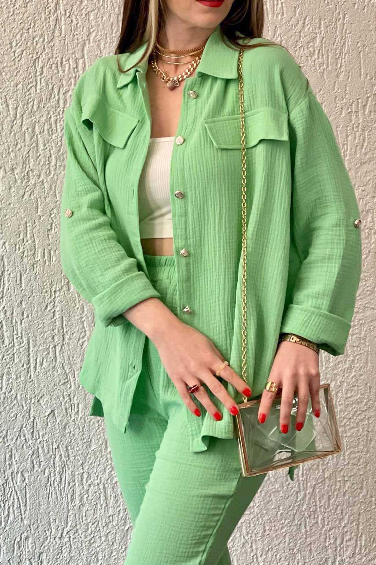 Maxct Long Sleeve Pocketed Slit Shirt Long Pants Suits