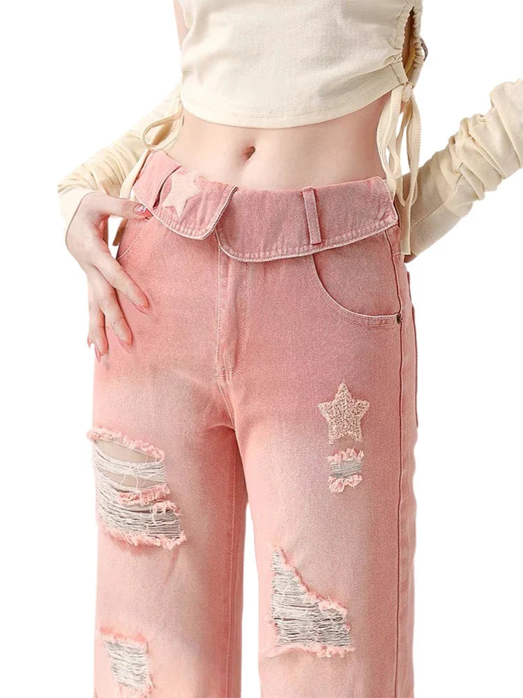Ripped Jeans - Pink Star Denim for Women Maxct