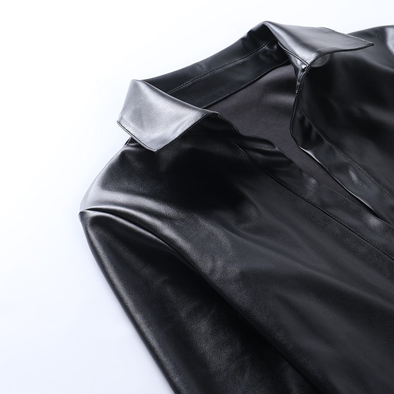 Voguable  Pu Leather Deep V Neck Long Sleeve Loose Mini Dress Winter Casual Streetwear Outfits Club Y2K Maxct