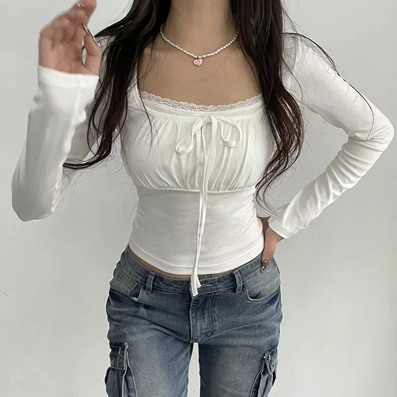 Maxct Preppy Cute Lace Trim Ruched Tie Up T-shirt Fairycore Vintage Grunge Long Sleeve Tees Women Korean Crop Tops Y2K Kawaii Clothes